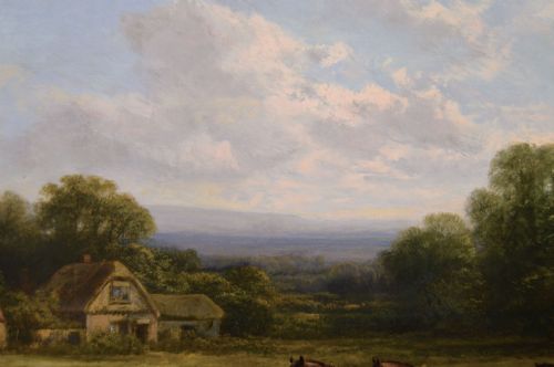 LANDSCAPE GENRE OIL PAINTING OF FARMWORKERS WITH HORSES A DOG BY GEORGE COLE - ADDITIONAL PHOTO 4