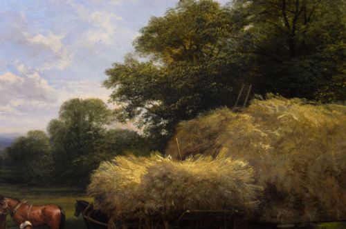 LANDSCAPE GENRE OIL PAINTING OF FARMWORKERS WITH HORSES A DOG BY GEORGE COLE - ADDITIONAL PHOTO 5