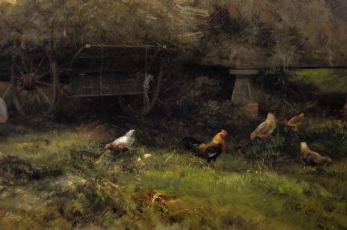 LANDSCAPE GENRE OIL PAINTING OF FARMWORKERS WITH HORSES A DOG BY GEORGE COLE - ADDITIONAL PHOTO 6