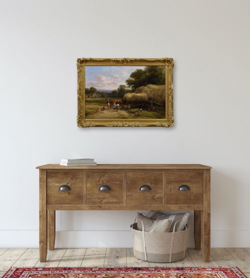 LANDSCAPE GENRE OIL PAINTING OF FARMWORKERS WITH HORSES A DOG BY GEORGE COLE - ADDITIONAL PHOTO 8