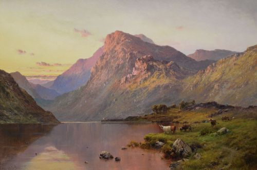 fig 1. An oil painting of a Scottish loch and mountains at sunset with Highland cattle, framed in an ornate gilded frame.
