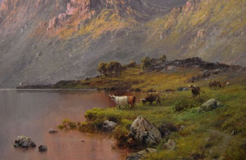 fig 2. An oil painting of a Scottish loch and mountains at sunset with Highland cattle, framed in an ornate gilded frame.
