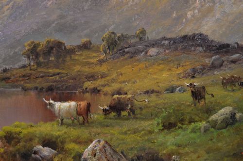fig 3. An oil painting of a Scottish loch and mountains at sunset with Highland cattle, framed in an ornate gilded frame.