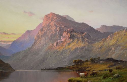 fig 5. An oil painting of a Scottish loch and mountains at sunset with Highland cattle, framed in an ornate gilded frame.
