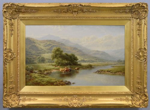 WELSH LANDSCAPE OIL PAINTING OF CATTLE NEAR THE RIVER LLUGWY NORTH WALES BY WALTER J WATSON