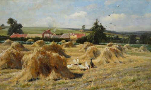 LANDSCAPE OIL PAINTING OF GEESE IN A NOTTINGHAMSHIRE CORNFIELD BY ARTHUR WALKER REDGATE - ADDITIONAL PHOTO 1