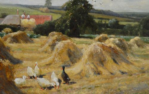 LANDSCAPE OIL PAINTING OF GEESE IN A NOTTINGHAMSHIRE CORNFIELD BY ARTHUR WALKER REDGATE - ADDITIONAL PHOTO 2