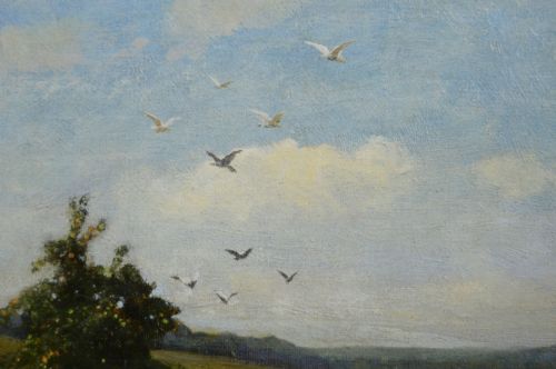 LANDSCAPE OIL PAINTING OF GEESE IN A NOTTINGHAMSHIRE CORNFIELD BY ARTHUR WALKER REDGATE - ADDITIONAL PHOTO 5