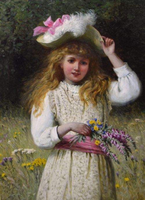 fig 1. A Victorian oil painting depicting a young girl with blonde hair in a floral meadow holding wildflowers, enclosed in an ornate gold giltwood frame.