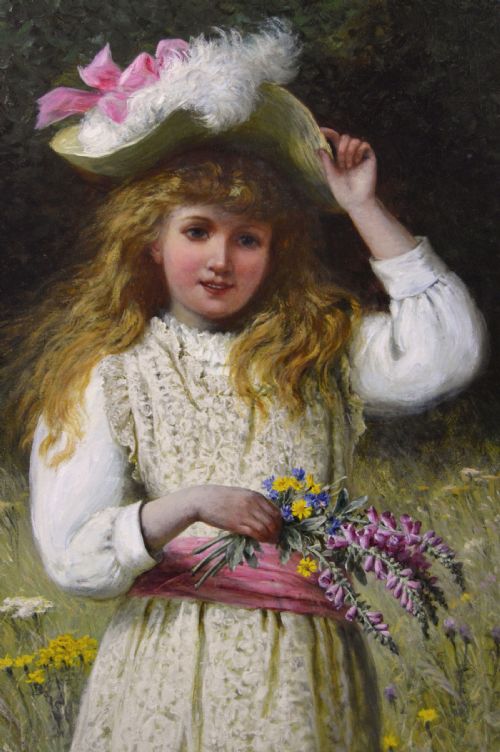 fig 2. A Victorian oil painting depicting a young girl with blonde hair in a floral meadow holding wildflowers, enclosed in an ornate gold giltwood frame.