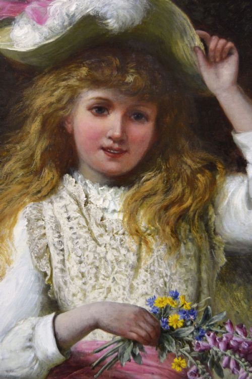 fig 3. A Victorian oil painting depicting a young girl with blonde hair in a floral meadow holding wildflowers, enclosed in an ornate gold giltwood frame.