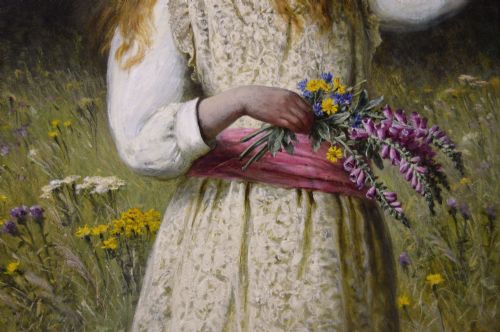 fig 4. A Victorian oil painting depicting a young girl with blonde hair in a floral meadow holding wildflowers, enclosed in an ornate gold giltwood frame.