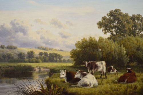 LANDSCAPE ANIMAL OIL PAINTING OF CATTLE AT A RIVER BY HENRY CHEADLE - ADDITIONAL PHOTO 1