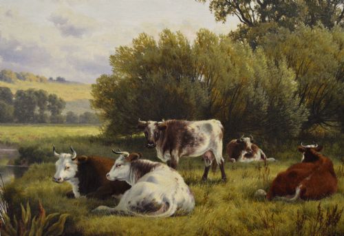 LANDSCAPE ANIMAL OIL PAINTING OF CATTLE AT A RIVER BY HENRY CHEADLE - ADDITIONAL PHOTO 2