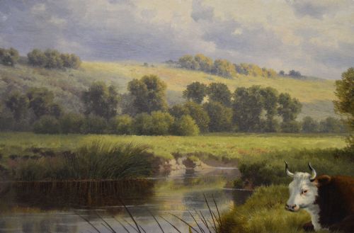 LANDSCAPE ANIMAL OIL PAINTING OF CATTLE AT A RIVER BY HENRY CHEADLE - ADDITIONAL PHOTO 4
