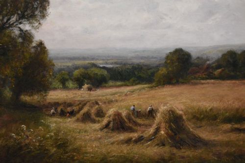 LANDSCAPE OIL PAINTING OF A HARVEST NEAR COOKSBRIDGE SUSSEX BY HENRY JOHN KINNAIRD - ADDITIONAL PHOTO 1