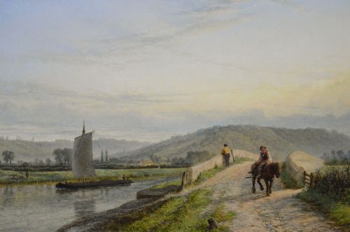 RIVER LANDSCAPE OIL PAINTING OF COLWICH HILLS FROM THE BRIDGE AT GREAT HAYWOOD BY HENRY DAWSON - ADDITIONAL PHOTO 1