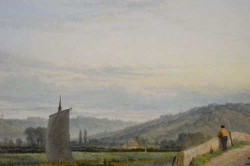 RIVER LANDSCAPE OIL PAINTING OF COLWICH HILLS FROM THE BRIDGE AT GREAT HAYWOOD BY HENRY DAWSON - ADDITIONAL PHOTO 4