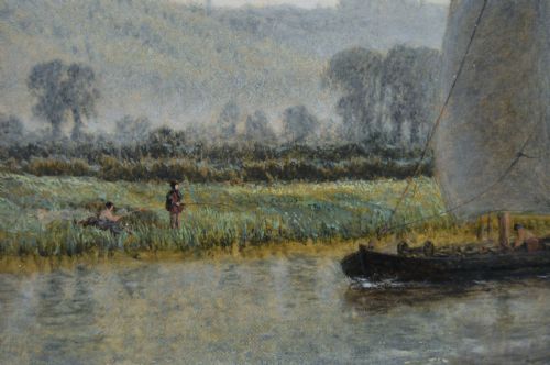 RIVER LANDSCAPE OIL PAINTING OF COLWICH HILLS FROM THE BRIDGE AT GREAT HAYWOOD BY HENRY DAWSON - ADDITIONAL PHOTO 5