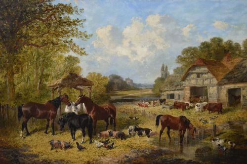 LANDSCAPE ANIMAL OIL PAINTING OF A FARMYARD WITH HORSES PIGS GOATS POULTRY CATTLE BY JOHN FREDERICK HERRING JNR - ADDITIONAL PHOTO 1