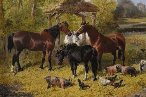 LANDSCAPE ANIMAL OIL PAINTING OF A FARMYARD WITH HORSES PIGS GOATS POULTRY CATTLE BY JOHN FREDERICK HERRING JNR - ADDITIONAL PHOTO 2