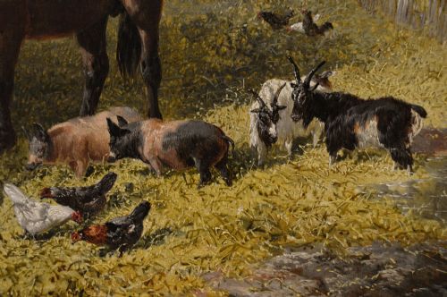 LANDSCAPE ANIMAL OIL PAINTING OF A FARMYARD WITH HORSES PIGS GOATS POULTRY CATTLE BY JOHN FREDERICK HERRING JNR - ADDITIONAL PHOTO 3