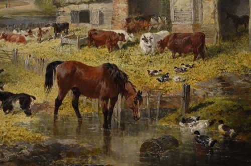 LANDSCAPE ANIMAL OIL PAINTING OF A FARMYARD WITH HORSES PIGS GOATS POULTRY CATTLE BY JOHN FREDERICK HERRING JNR - ADDITIONAL PHOTO 4