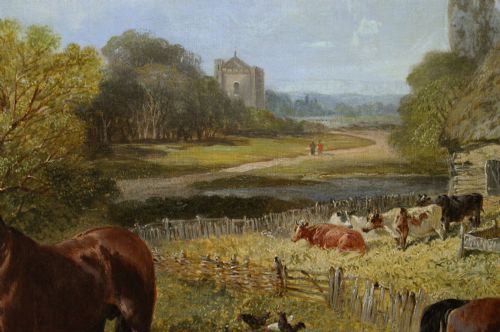 LANDSCAPE ANIMAL OIL PAINTING OF A FARMYARD WITH HORSES PIGS GOATS POULTRY CATTLE BY JOHN FREDERICK HERRING JNR - ADDITIONAL PHOTO 5