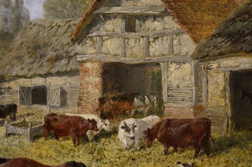 LANDSCAPE ANIMAL OIL PAINTING OF A FARMYARD WITH HORSES PIGS GOATS POULTRY CATTLE BY JOHN FREDERICK HERRING JNR - ADDITIONAL PHOTO 6