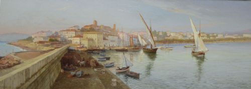 COASTAL TOWNSCAPE OIL PAINTING OF CANNES FRANCE BY EDWARD HENRY HOLDER - ADDITIONAL PHOTO 1