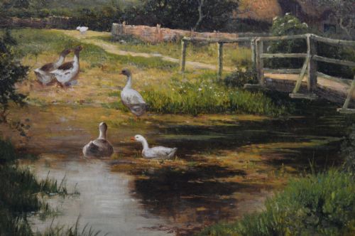 GENRE OIL PAINTING OF A WOMAN GEESE AT A POND BY ERNEST WALBOURN - ADDITIONAL PHOTO 3