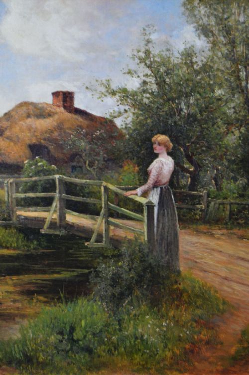 GENRE OIL PAINTING OF A WOMAN GEESE AT A POND BY ERNEST WALBOURN - ADDITIONAL PHOTO 4