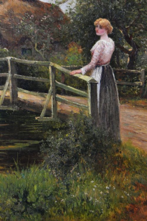 GENRE OIL PAINTING OF A WOMAN GEESE AT A POND BY ERNEST WALBOURN - ADDITIONAL PHOTO 5
