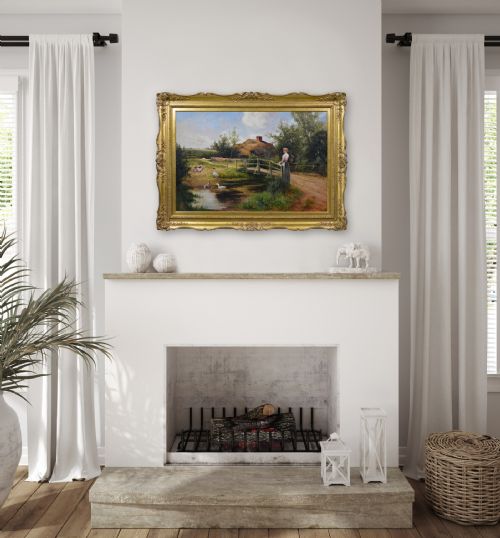 GENRE OIL PAINTING OF A WOMAN GEESE AT A POND BY ERNEST WALBOURN - ADDITIONAL PHOTO 7