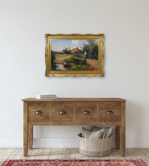 GENRE OIL PAINTING OF A WOMAN GEESE AT A POND BY ERNEST WALBOURN - ADDITIONAL PHOTO 9