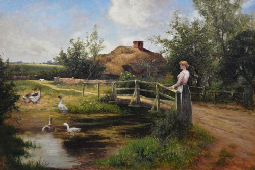 GENRE OIL PAINTING OF A WOMAN GEESE AT A POND BY ERNEST WALBOURN - ADDITIONAL PHOTO 1