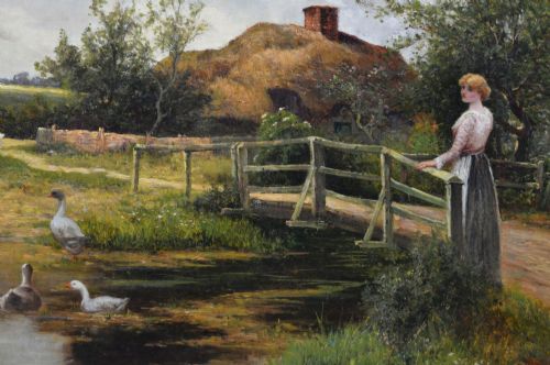 GENRE OIL PAINTING OF A WOMAN GEESE AT A POND BY ERNEST WALBOURN - ADDITIONAL PHOTO 2
