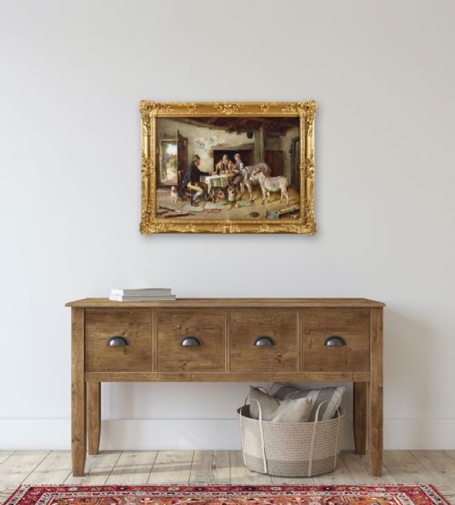 GENRE OIL PAINTING OF FIGURES IN A COTTAGE WITH TWO DONKEYS A PIG AND A DOG BY CHARLES HUNT JNR - ADDITIONAL PHOTO 9