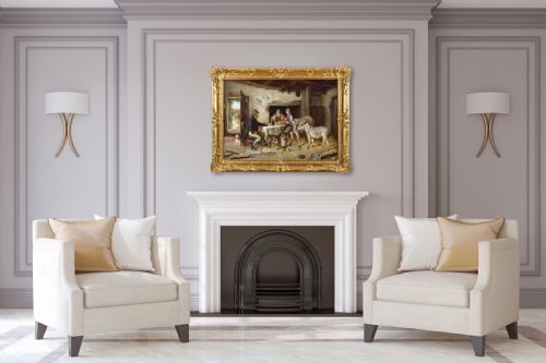 GENRE OIL PAINTING OF FIGURES IN A COTTAGE WITH TWO DONKEYS A PIG AND A DOG BY CHARLES HUNT JNR - ADDITIONAL PHOTO 11