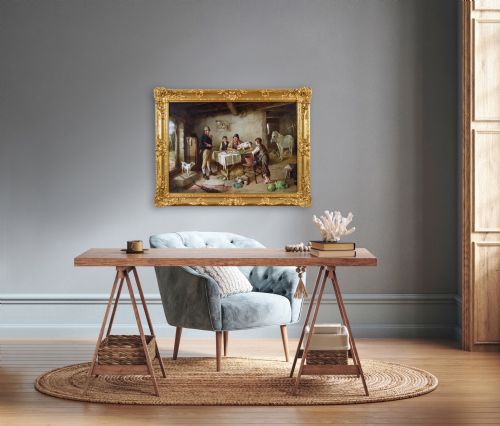 GENRE OIL PAINTING OF FIGURES IN A COTTAGE WITH PIGLETS A PONY GUINEA PIG RABBIT DOG BY CHARLES HUNT JNR - ADDITIONAL PHOTO 10