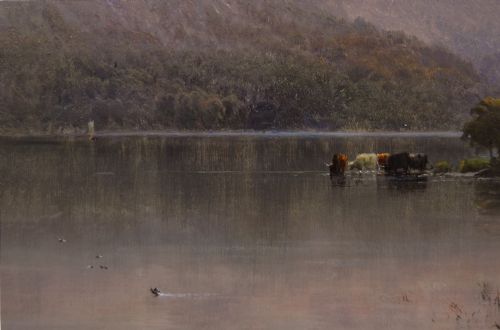 SCOTTISH HIGHLAND LANDSCAPE OIL PAINTING OF A LOCH AT SUNSET BY ALFRED DE BREANSKI SNR - ADDITIONAL PHOTO 5