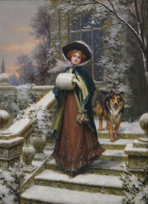 GENRE OIL PAINTING OF WOMEN DOG OUTSIDE A HOUSE BY SYDNEY KENDRICK - ADDITIONAL PHOTO 1