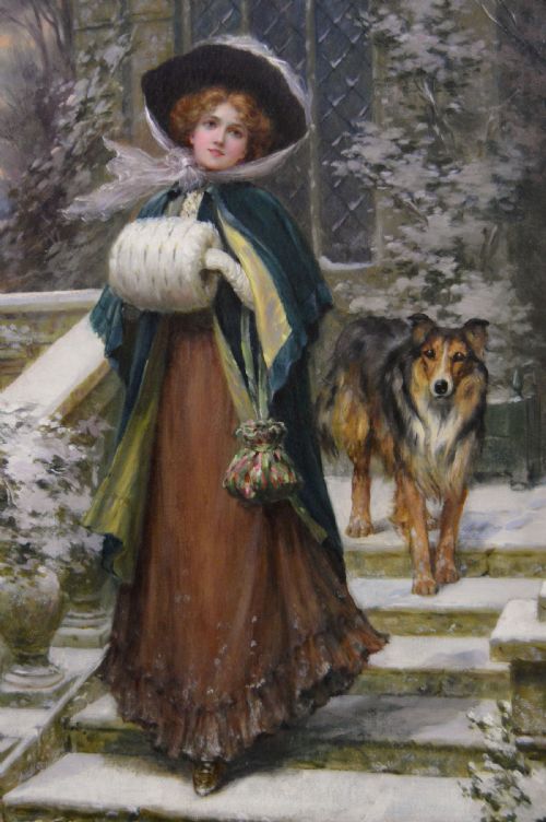 GENRE OIL PAINTING OF WOMEN DOG OUTSIDE A HOUSE BY SYDNEY KENDRICK - ADDITIONAL PHOTO 2