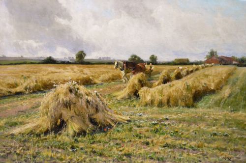 fig 1. A rural landscape oil painting depicting a wheat harvest with haystacks and horses framed in an ornate gilded frame.
