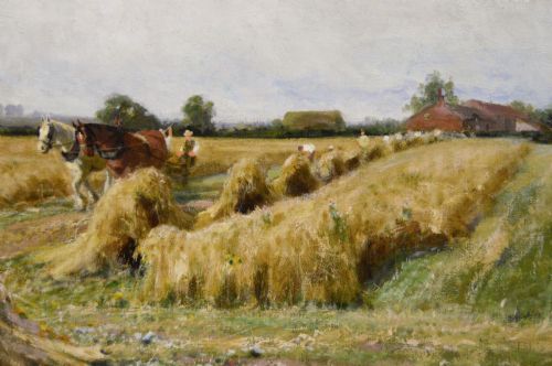 fig 2. A rural landscape oil painting depicting a wheat harvest with haystacks and horses framed in an ornate gilded frame.