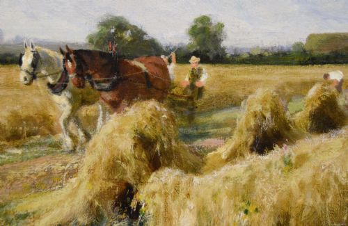 fig 3. A rural landscape oil painting depicting a wheat harvest with haystacks and horses framed in an ornate gilded frame.