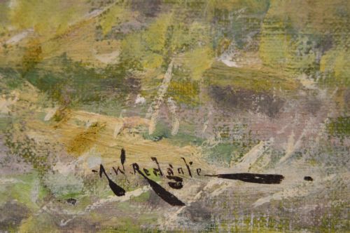 fig 5. A rural landscape oil painting depicting a wheat harvest with haystacks and horses framed in an ornate gilded frame.
