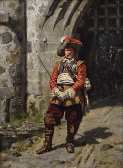 HISTORICAL MILITARY OIL PAINTING OF A ROUNDHEAD SOLDIER OUTSIDE A FORTRESS BY ERNEST CROFTS - ADDITIONAL PHOTO 1