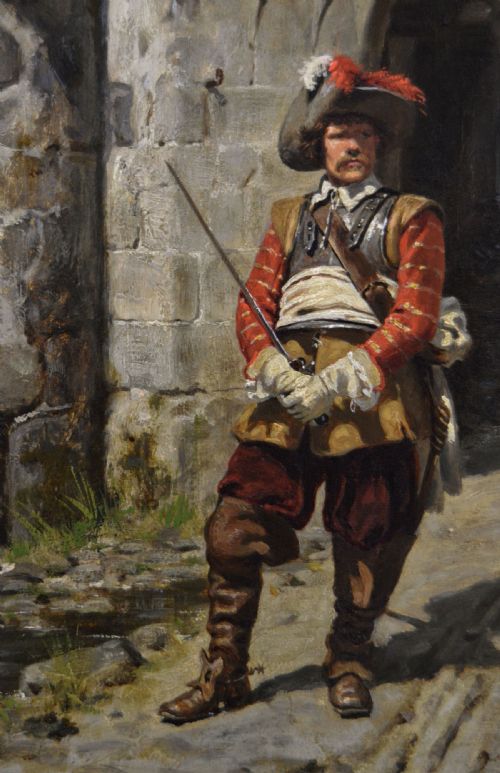 HISTORICAL MILITARY OIL PAINTING OF A ROUNDHEAD SOLDIER OUTSIDE A FORTRESS BY ERNEST CROFTS - ADDITIONAL PHOTO 2