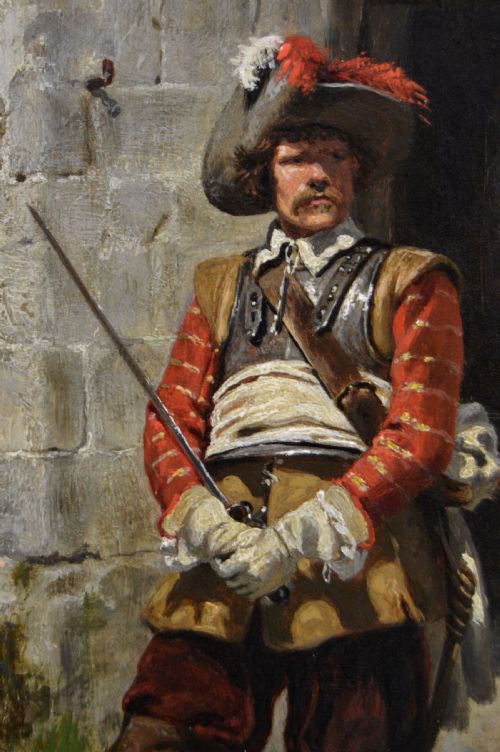 HISTORICAL MILITARY OIL PAINTING OF A ROUNDHEAD SOLDIER OUTSIDE A FORTRESS BY ERNEST CROFTS - ADDITIONAL PHOTO 3